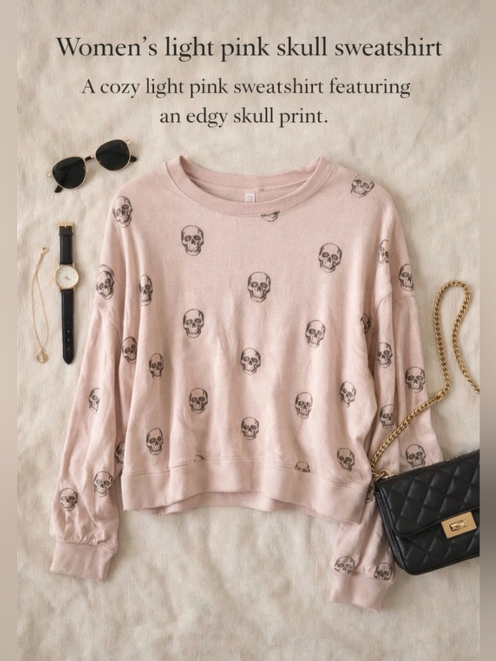 Z Supply Light Pink Skull Print Crewneck Sweatshirt